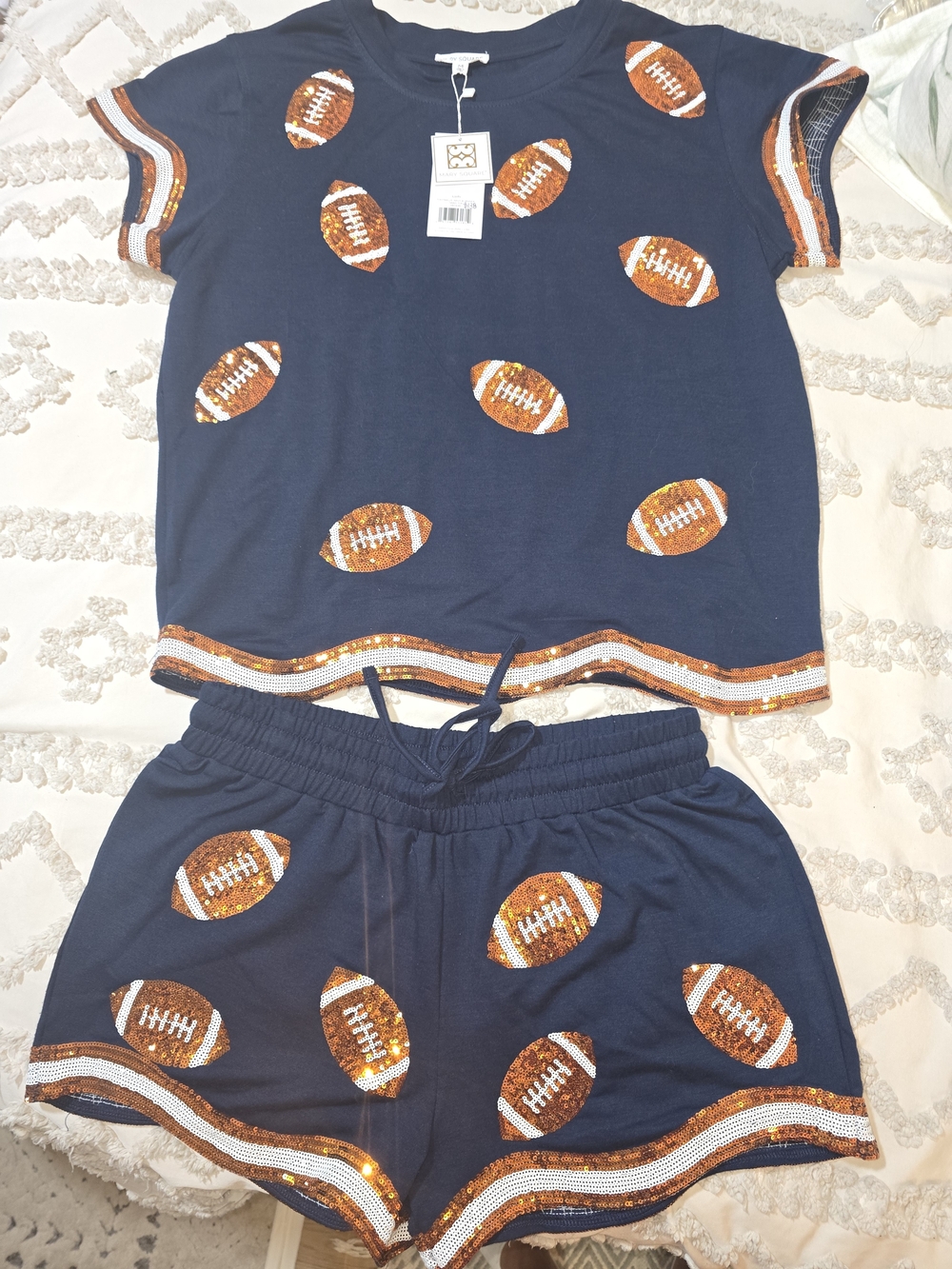 Sequin Football Navy Short Sleeve Tee & Shorts Set- Casual by Mary Square